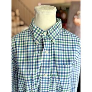 LL Bean Blue Green Check Plaid Wrinkle Free Slightly Fitted Button‎ Down Shirt L